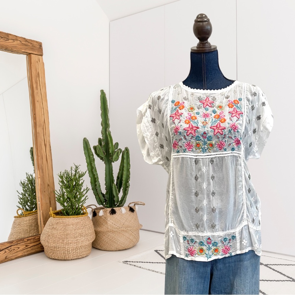 Johnny Was Colorful Floral Eyelet Embroidered Top
